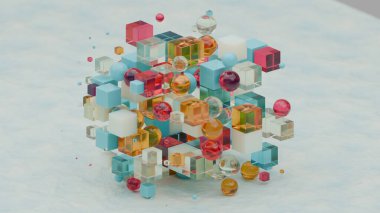 Birçok farklı renk kübü ve topunun soyut arkaplanının 3D görüntülenmesi. Katı cam ve yeşim taşı elementleri. Arkaplan ve masaüstü için Geometrik soyutlama.