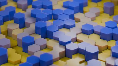 Farklı yüksekliklerdeki çok renkli altıgen sütunların soyut geometrik arkaplanının 3 boyutlu yorumlanması. Altıgen sütunlar biraz şeffaf. Geometrik soyut 3d arkaplan.