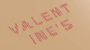 Sevgililer Günü tatili için metnin üç boyutlu yorumlanması. Metin çeşitli disklerden, ilkellerden, aşk kelimelerini bir araya getirebileceğiniz harflerle oluşturulmuştur. Tatil için soyut bir fikir..