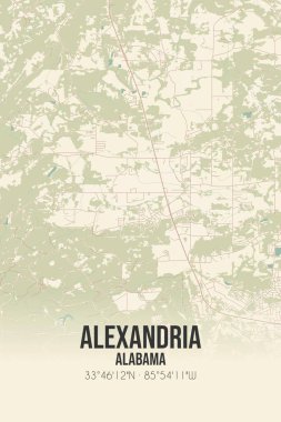 Vintage wall art map of Alexandria, located in Calhoun, Alabama, United States. Aerial plan with forests, roads, cities, lakes and rivers. clipart