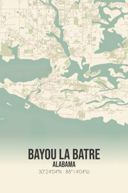 Bayou La Batre 'nin klasik duvar haritası, Mobile, Alabama, ABD' de. Ormanlar, yollar, şehirler, göller ve nehirlerle ilgili hava planı.
