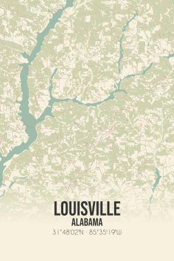 Vintage wall art map of Louisville, located in Barbour, Alabama, United States. Aerial plan with forests, roads, cities, lakes and rivers. clipart