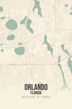 Orlando 'nun klasik duvar haritası, Orange, Florida, ABD' de. Ormanlar, yollar, şehirler, göller ve nehirlerle ilgili hava planı.