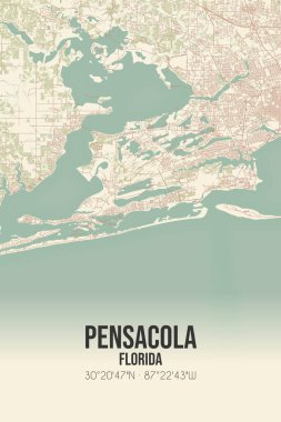 Pensacola 'nın klasik duvar haritası, Escambia, Florida, ABD' de. Ormanlar, yollar, şehirler, göller ve nehirlerle ilgili hava planı.