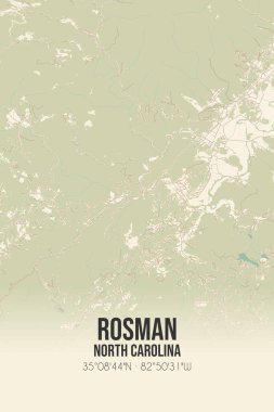 Rosman 'ın klasik duvar haritası. Transilvanya, Kuzey Carolina, ABD' de. Ormanlar, yollar, şehirler, göller ve nehirlerle ilgili hava planı.