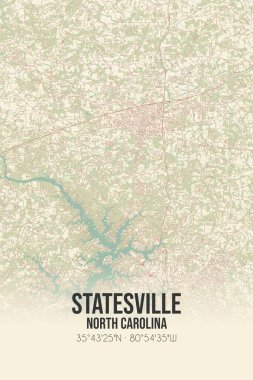 Statesville 'in klasik duvar sanat haritası, Iredell, Kuzey Carolina, ABD' de. Ormanlar, yollar, şehirler, göller ve nehirlerle ilgili hava planı.