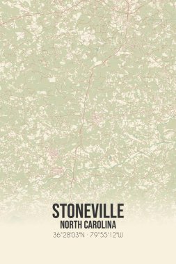 Vintage wall art map of Stoneville, located in Rockingham, North Carolina, United States. Aerial plan with forests, roads, cities, lakes and rivers. clipart