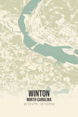 Vintage wall art map of Winton, located in Hertford, North Carolina, United States. Aerial plan with forests, roads, cities, lakes and rivers. clipart