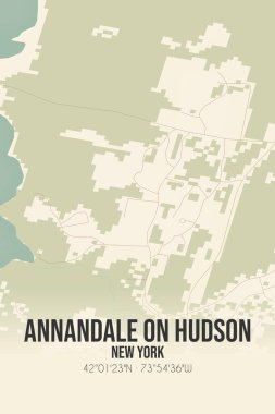 Vintage wall art map of Annandale On Hudson, located in Dutchess, New York, United States. Aerial plan with forests, roads, cities, lakes and rivers. clipart