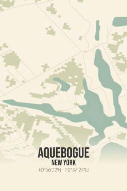 Aquebogue 'un klasik duvar sanat haritası, Suffolk, New York, ABD' de. Ormanlar, yollar, şehirler, göller ve nehirlerle ilgili hava planı.