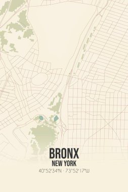 Bronx 'un klasik duvar sanat haritası, Bronx, New York, ABD' de. Ormanlar, yollar, şehirler, göller ve nehirlerle ilgili hava planı.