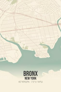 Bronx 'un klasik duvar sanat haritası, Bronx, New York, ABD' de. Ormanlar, yollar, şehirler, göller ve nehirlerle ilgili hava planı.