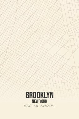 Brooklyn 'in klasik duvar sanat haritası, Kings, New York, ABD' de. Ormanlar, yollar, şehirler, göller ve nehirlerle ilgili hava planı.