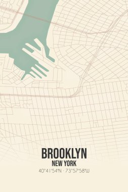Brooklyn 'in klasik duvar sanat haritası, Kings, New York, ABD' de. Ormanlar, yollar, şehirler, göller ve nehirlerle ilgili hava planı.
