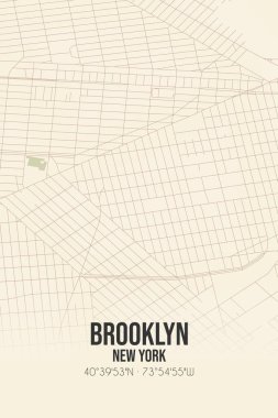 Brooklyn 'in klasik duvar sanat haritası, Kings, New York, ABD' de. Ormanlar, yollar, şehirler, göller ve nehirlerle ilgili hava planı.