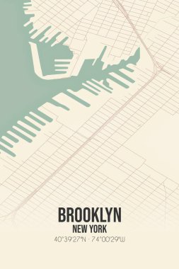 Brooklyn 'in klasik duvar sanat haritası, Kings, New York, ABD' de. Ormanlar, yollar, şehirler, göller ve nehirlerle ilgili hava planı.