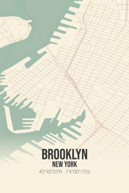 Brooklyn 'in klasik duvar sanat haritası, Kings, New York, ABD' de. Ormanlar, yollar, şehirler, göller ve nehirlerle ilgili hava planı.