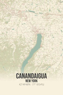 Vintage wall art map of Canandaigua, located in Ontario, New York, United States. Aerial plan with forests, roads, cities, lakes and rivers. clipart