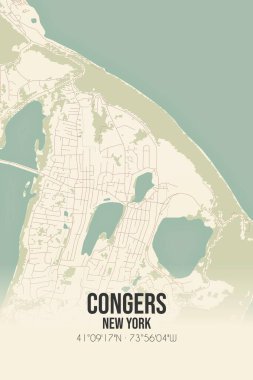 Vintage wall art map of Congers, located in Rockland, New York, United States. Aerial plan with forests, roads, cities, lakes and rivers. clipart