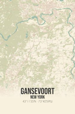 Gansevoort 'un klasik duvar sanat haritası, Saratoga, New York, ABD' de. Ormanlar, yollar, şehirler, göller ve nehirlerle ilgili hava planı.
