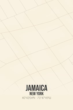 Jamaika 'nın klasik duvar sanat haritası, Queens, New York, ABD' de. Ormanlar, yollar, şehirler, göller ve nehirlerle ilgili hava planı.