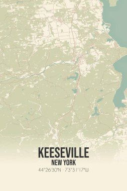 Vintage wall art map of Keeseville, located in Essex, New York, United States. Aerial plan with forests, roads, cities, lakes and rivers. clipart