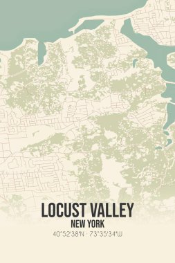Locust Vadisi 'nin klasik duvar haritası. Nassau, New York, ABD' de. Ormanlar, yollar, şehirler, göller ve nehirlerle ilgili hava planı.