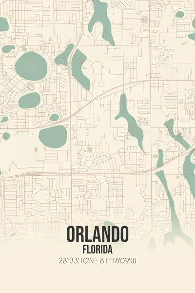 Orlando 'nun klasik duvar haritası, Orange, Florida, ABD' de. Ormanlar, yollar, şehirler, göller ve nehirlerle ilgili hava planı.
