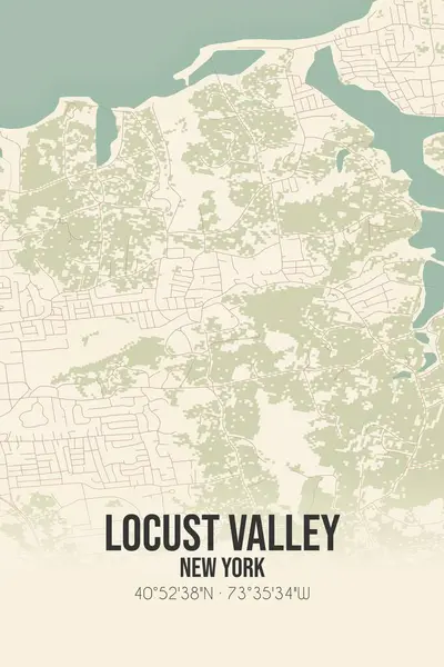 Locust Vadisi 'nin klasik duvar haritası. Nassau, New York, ABD' de. Ormanlar, yollar, şehirler, göller ve nehirlerle ilgili hava planı.