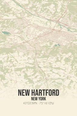 New Hartford 'un klasik duvar sanat haritası, Oneida, New York, ABD' de. Ormanlar, yollar, şehirler, göller ve nehirlerle ilgili hava planı.