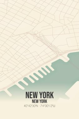 New York, New York, New York, ABD 'de bulunan klasik duvar sanat haritası. Ormanlar, yollar, şehirler, göller ve nehirlerle ilgili hava planı.