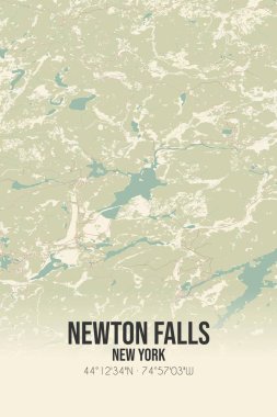 Newton Falls 'un klasik duvar haritası, St. Lawrence, New York, ABD' de. Ormanlar, yollar, şehirler, göller ve nehirlerle ilgili hava planı.