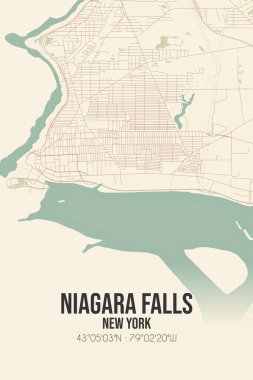 Niagara Şelalesi 'nin klasik duvar haritası, Niagara, New York, ABD' de. Ormanlar, yollar, şehirler, göller ve nehirlerle ilgili hava planı.