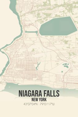 Niagara Şelalesi 'nin klasik duvar haritası, Niagara, New York, ABD' de. Ormanlar, yollar, şehirler, göller ve nehirlerle ilgili hava planı.