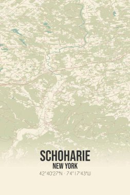 Schoharie 'nin klasik duvar sanat haritası, Schoharie, New York, ABD' de. Ormanlar, yollar, şehirler, göller ve nehirlerle ilgili hava planı.
