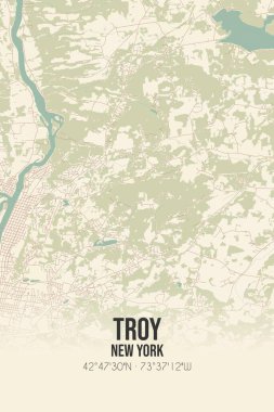 Vintage wall art map of Troy, located in Rensselaer, New York, United States. Aerial plan with forests, roads, cities, lakes and rivers. clipart