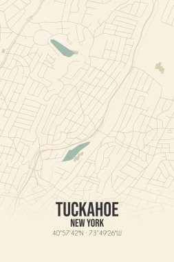 Vintage wall art map of Tuckahoe, located in Westchester, New York, United States. Aerial plan with forests, roads, cities, lakes and rivers. clipart