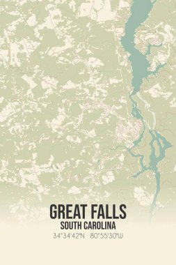 Great Falls 'un klasik duvar haritası. Chester, Güney Carolina, ABD' de. Ormanlar, yollar, şehirler, göller ve nehirlerle ilgili hava planı.