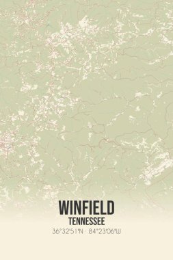 Vintage wall art map of Winfield, located in Scott, Tennessee, United States. Aerial plan with forests, roads, cities, lakes and rivers. clipart