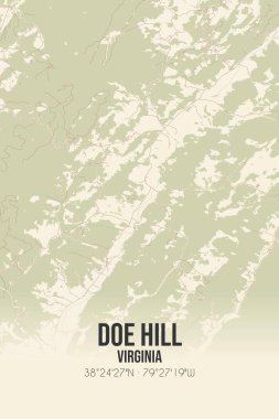 Doe Hill 'in klasik duvar haritası, Highland, Virginia, ABD' de. Ormanlar, yollar, şehirler, göller ve nehirlerle ilgili hava planı.