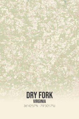 Vintage wall art map of Dry Fork, located in Pittsylvania, Virginia, United States. Aerial plan with forests, roads, cities, lakes and rivers. clipart