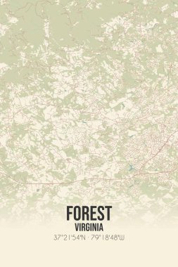 Bedford, Virginia, ABD 'de bulunan Ormanın klasik duvar sanat haritası. Ormanlar, yollar, şehirler, göller ve nehirlerle ilgili hava planı.