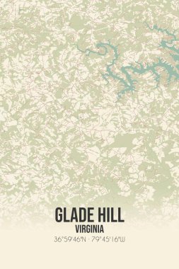 Glade Hill 'in klasik duvar haritası. Franklin, Virginia, ABD' de. Ormanlar, yollar, şehirler, göller ve nehirlerle ilgili hava planı.