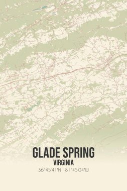 Glade Spring 'in klasik duvar haritası, Washington, Virginia, ABD' de. Ormanlar, yollar, şehirler, göller ve nehirlerle ilgili hava planı.