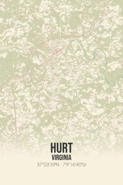 Vintage wall art map of Hurt, located in Pittsylvania, Virginia, United States. Aerial plan with forests, roads, cities, lakes and rivers. clipart