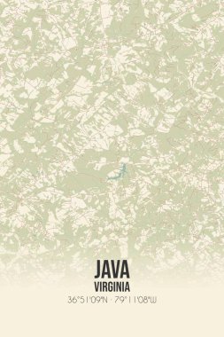 Vintage wall art map of Java, located in Pittsylvania, Virginia, United States. Aerial plan with forests, roads, cities, lakes and rivers. clipart