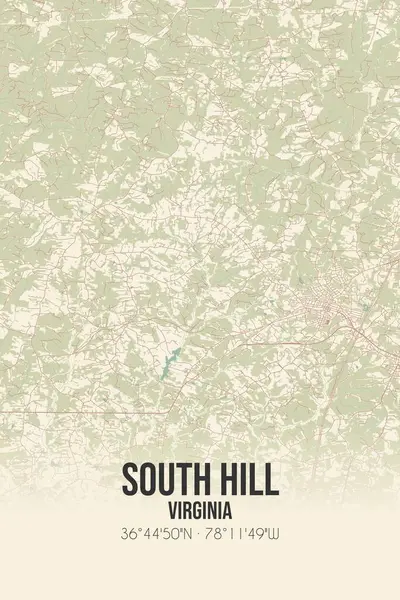 Güney Tepesi 'nin klasik duvar haritası. Mecklenburg, Virginia, ABD' de. Ormanlar, yollar, şehirler, göller ve nehirlerle ilgili hava planı.