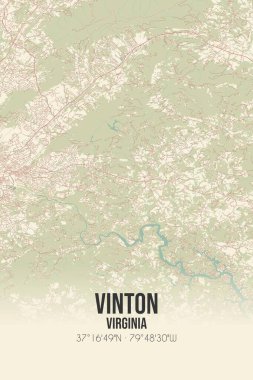 Vinton 'ın klasik duvar sanat haritası, Bedford, Virginia, ABD' de. Ormanlar, yollar, şehirler, göller ve nehirlerle ilgili hava planı.