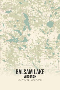 Balsam Gölü 'nün klasik duvar haritası, Polk, Wisconsin, ABD' de. Ormanlar, yollar, şehirler, göller ve nehirlerle ilgili hava planı.