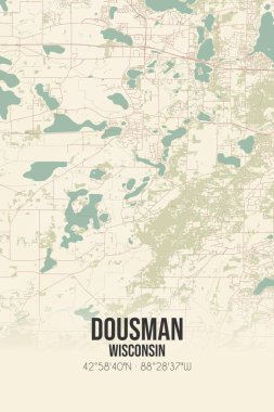 Vintage wall art map of Dousman, located in Waukesha, Wisconsin, United States. Aerial plan with forests, roads, cities, lakes and rivers. clipart